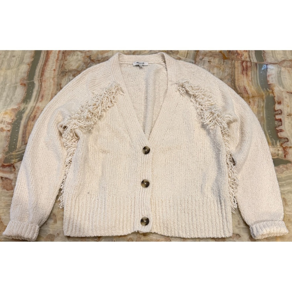 Madewell Womens Chatterton Fringe Cardigan Sweater Ivory Button Down V-Neck M